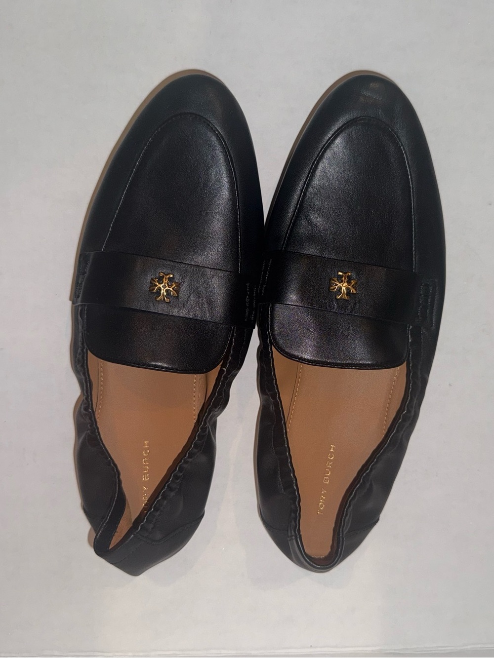 Tory Burch Black Leather Loafers with Gold Emblem